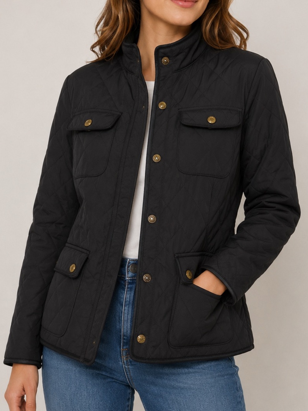 Talbots Black Quilted Utility Field Jacket Brass Snap Pockets Size M